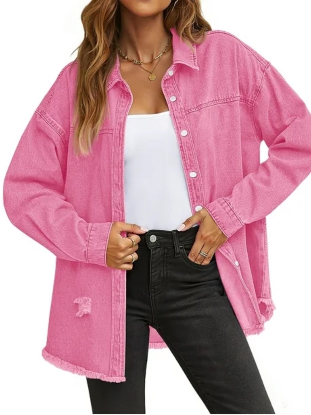 🆕 Boho Oversized Distressed Frayed Hem Denim Button Up Shirt Jacket Shacket - Picture 5 of 11
